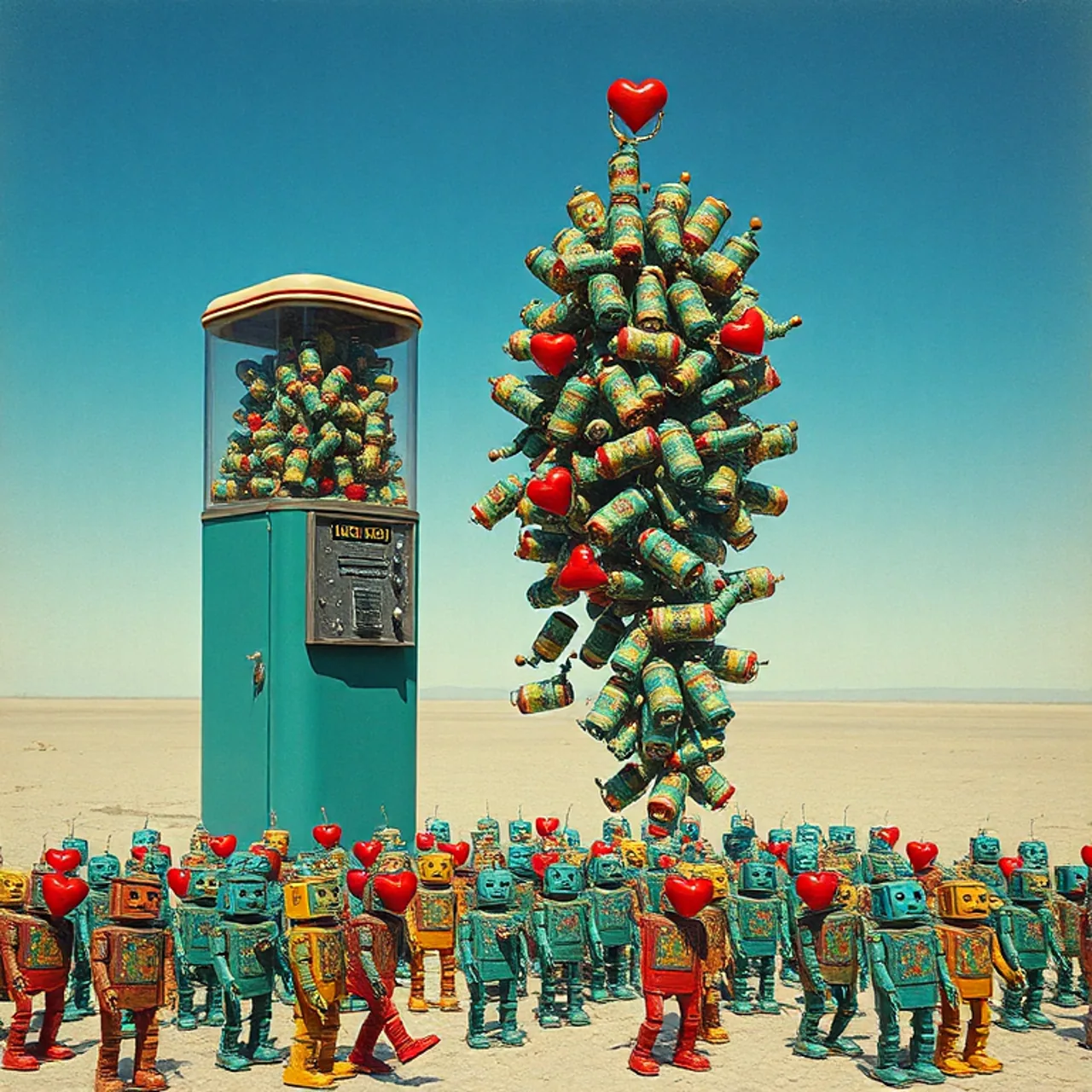 A vending machine in the desert surrounded by identical little tin robots, each with a red heart