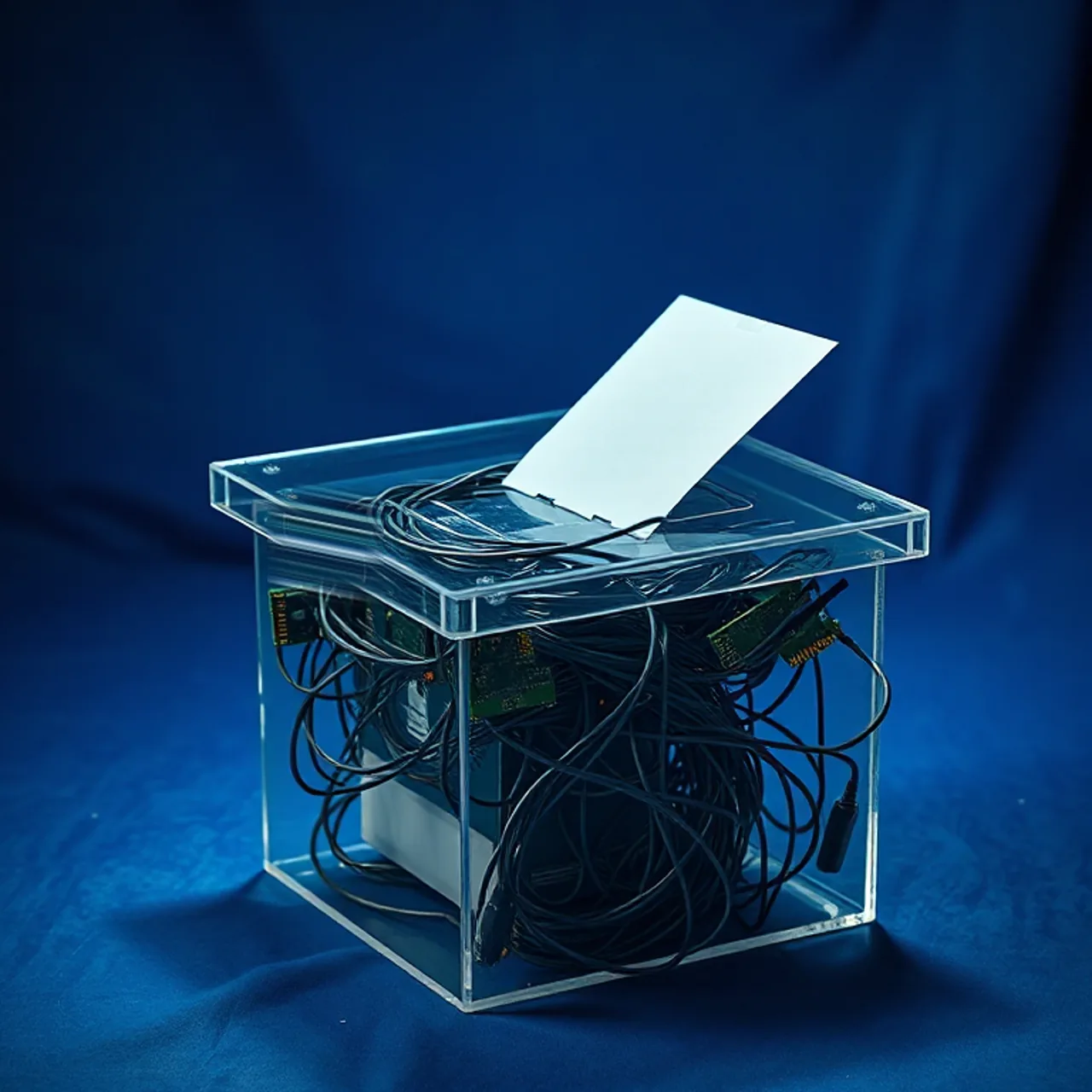 Urna transparente llena de cables y placas de circuito, con una boleta de papel en la ranura