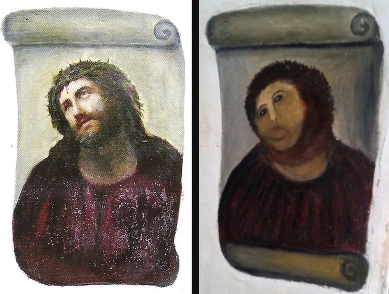 El Ecce Homo original de Elías García Martínez y la versión restaurada por Cecilia Giménez
